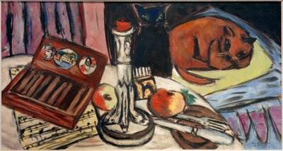 Gümüş bir şamdanla natürmort (kedilerle natürmort) by Max Beckmann