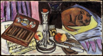 Gümüş bir şamdanla natürmort (kedilerle natürmort) by Max Beckmann