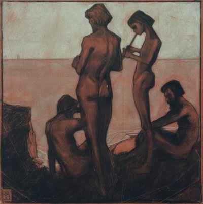 Deniz kenarında dört genç adam (Deniz kenarında genç adamlar - Deniz kenarında dört erkek figürü) by Max Beckmann