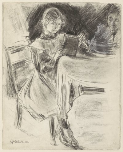 Max Liebermann'ın kızı ve karısı, yuvarlak bir masada kitap okuyorlar. by Max Liebermann