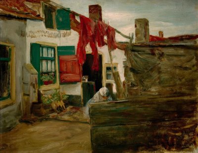 Çamaşırhane asılı Hollandalı köy köşesi by Max Liebermann