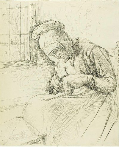 Pencerede Tamir Eden Yaşlı Kadın by Max Liebermann