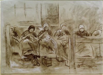 Bir evin duvarının önünde dikiş diken altı Hollandalı kız by Max Liebermann