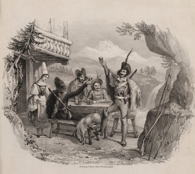 Dağlarda bir meyhanede içki içen avcılar (gravür) by Maxim Gauci