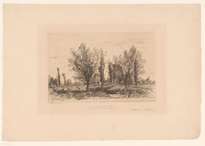 Bir çayır ve bir şehir manzarası ile manzara Dans les champs de Cenon. (nesne üzerindeki başlık) by Maxime François Antoine Lalanne (signed by artist)