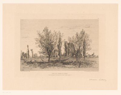 Bir çayır ve bir şehir manzarası ile manzara Dans les champs de Cenon. (nesne üzerindeki başlık) by Maxime François Antoine Lalanne (signed by artist)