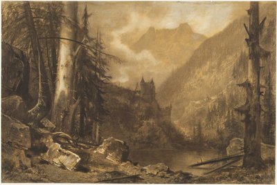 Ormanlık Bir Gölün Üstündeki Alp Kalesi, c.1870 (kağıt üzerine karakalem) by Maxime Lalanne