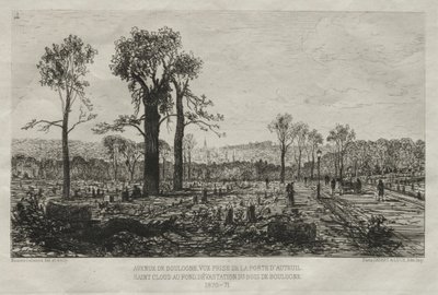 Paris Kuşatması'nın sanatsal anıları: Avenue de Boulogne, Porte d'Auteuil'den alınan görünüm, arka planda St. Cloud, Bois de Boulogne'un Yıkımı by Maxime Lalanne