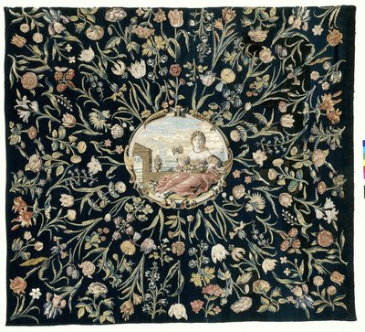Flora ve çiçek desenli kişileştirme ile masa örtüsü by Maximiliaan van der Gucht (possibly)