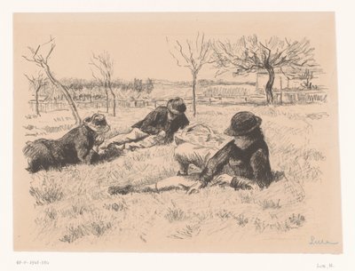 Üç adam bir çayırda dinleniyor by Maximilien Luce (signed by artist)