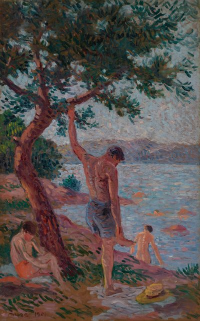 Saint-Tropez, çam ormanı altında yüzücüler by Maximilien Luce