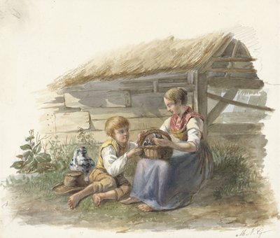 Kız ve erkek bir sepet genç kuş ile by Maximilienne Guyon