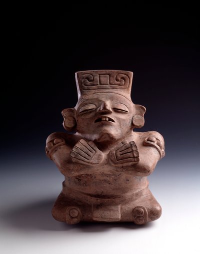 Kolomb öncesi sanat, Maya uygarlığı, klasik dönem: oturan bir karakteri tasvir eden antropomorfik kil vazo, bacaklar ve kollar çapraz yüz yukarı dönüyor. La Lagunita, Quiche, Guatemala Sun