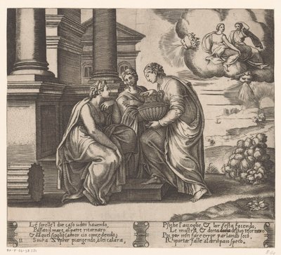 Psyche kız kardeşleri tarafından ziyaret edilir Amor ve Psyche Öyküsü (dizi adı) by Meester van de Dobbelsteen
