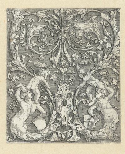 İki çocuk ve bir at kafatası ile süsleme by Meester van de Paardenhoofden