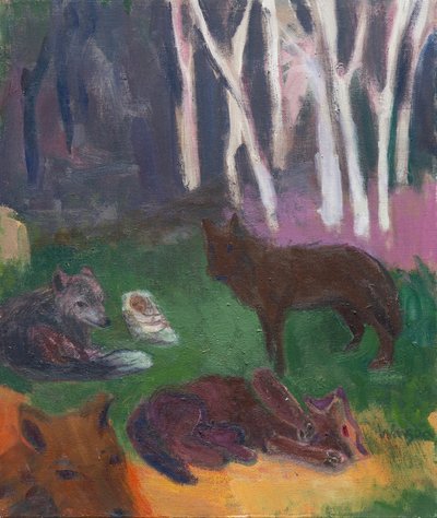 Kurtlarla çevrili yeni doğmuş bir bebek, 2016 (tuval üzerine yağlıboya) by Megan Williamson