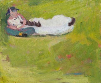 Ölü bir midillinin yanında küçük bir çocuk, 2016 (tuval üzerine yağlıboya) by Megan Williamson