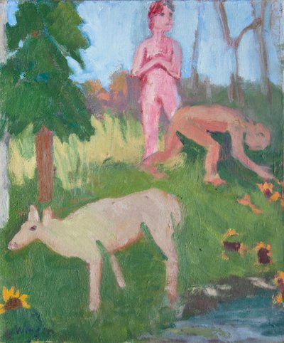 Dişi Geyik ile İki Figür, 2016 (tuval üzerine yağlıboya) by Megan Williamson