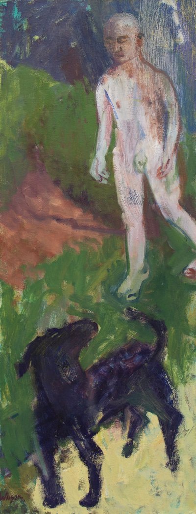 Siyah bir köpeği gezdiren beyaz adam, 2016 (tuval üzerine yağlıboya) by Megan Williamson