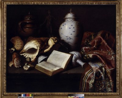 Çin vazoları, deniz kabukları, antik bronzlar, kitaplar ve halılar (tuval üzerine yağlı boya) by Meiffren (c.1630 1705) Conte