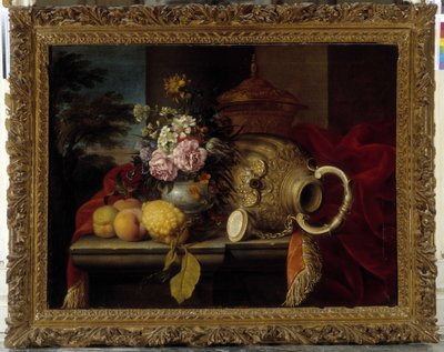 Buket, meyve, vazo ve kırmızı kumaş ile natürmort (tuval üzerine yağlı boya) by Meiffren (c.1630 1705) Conte
