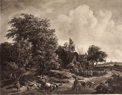 Bir ormanın kenarında çiftlik, bir araba ve atlarla birlikte by Meindert Hobbema