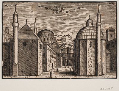 Her biri 1 minareli 3 cami; gökyüzünde uzun kuyruklu uçan bir ejderha by Melchior Lorck