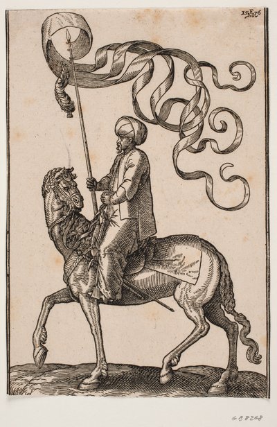 Standart taşıyıcıyı hazırlayın, profil sola; standart 3 lobludur ve altına tüy asılır; kılıcı sol bacağı ile atın yan tarafı arasına yerleştirildi by Melchior Lorck