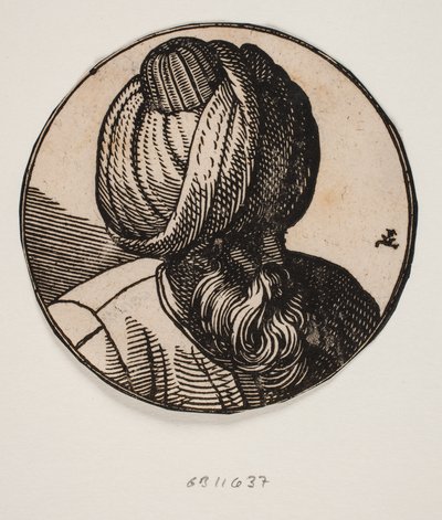 Yukarıda çapraz olarak görülen sakallı sarıklı bir adamın büstü ile dairesel madalyon, sağa doğru 3/4 profil by Melchior Lorck