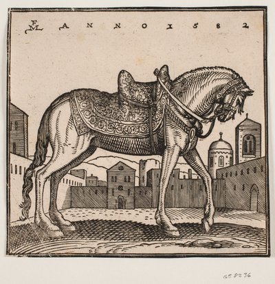 Dikdörtgen bir alanda zarif eyerli at, profil sağda by Melchior Lorck