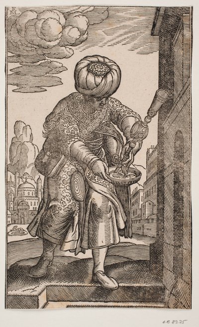 Kolunun altında su torbası olan bir Saquatz by Melchior Lorck