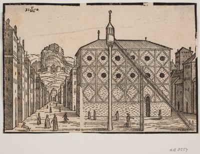 Sokak, ön planda cami ve müstakil minare by Melchior Lorck