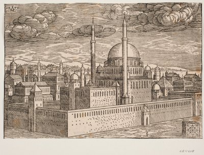 Kuzeybatıdan bakıldığında iki minareli cami; suyun diğer tarafında Galata görülebilir mi? Sağ alt köşede, üzerine kare geometrik bir figürün kazındığı, kübik olarak oluşturulmuş bir taş vardır. by Melchior Lorck