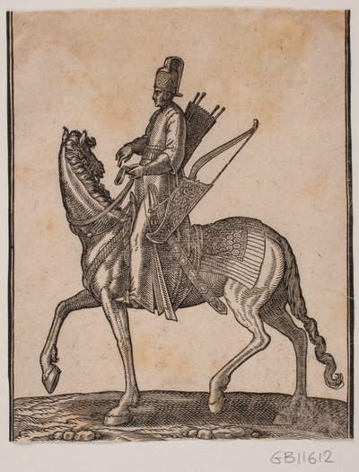 Atlı asker, profil sağa doğru; kılıcını ve yayını sol tarafında, sadağını sağ tarafında taşır by Melchior Lorck