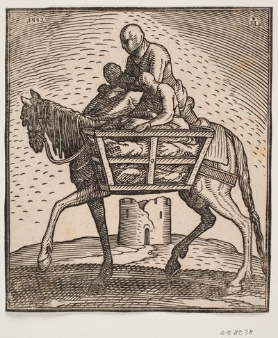 Kapüşonlu binici yüzünün üzerine indirdi; atın her iki yanında bir insanın oturduğu bir sandık; soldaki profil; atın altında yıkık, silindirik bir kule var by Melchior Lorck