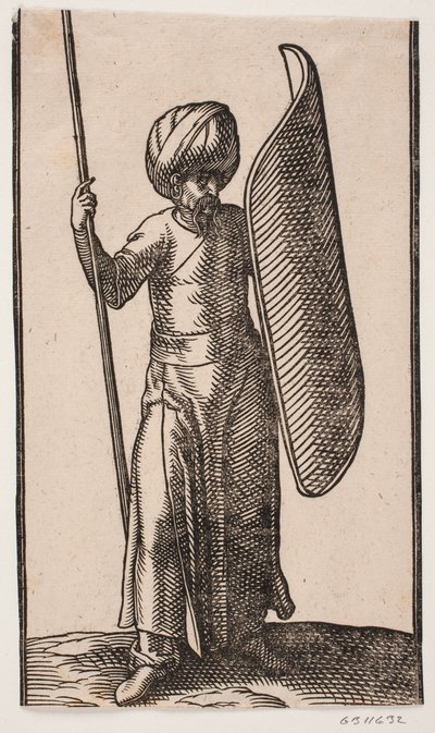 Önden bakıldığında türbanlı asker ayakta; sağ elinde bir mızrak; sol kolunda kavisli bir kalkan by Melchior Lorck