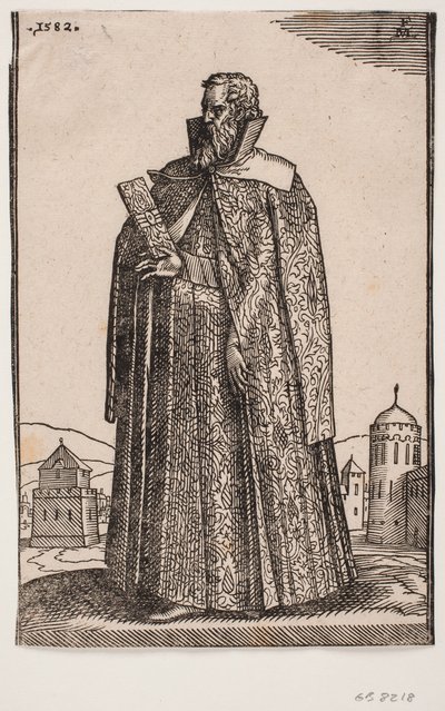 Avrupa Daimi Büyükelçisi (Venedik?) Kostüm, 3/4 profil solda; h. elinde bir mektup çantası tutuyor by Melchior Lorck