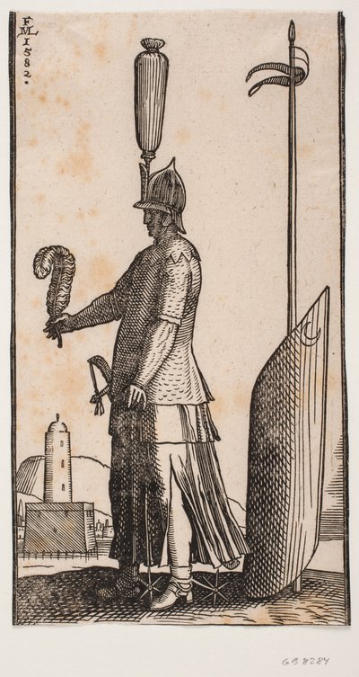 Ayakta miğferli asker, profili solda, uzanmış elinde bir tüy tutuyor; arkasında, yere saplanmış bir mızrağa karşı hilal şeklinde bir kalkan desteklenir. by Melchior Lorck