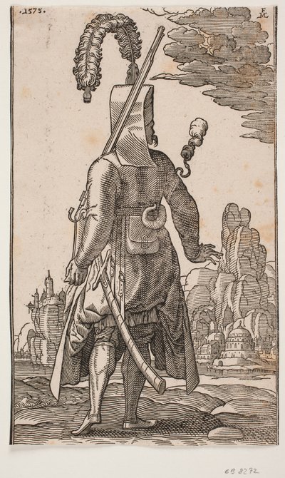 Ayakta duran kapıcı arkadan görülüyor, tüylü başlık, sol omuzda tüfek by Melchior Lorck