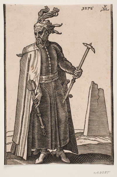 Ayakta, pelerinli asker, önden görülüyor; h. aşağı dönük el bir savaş sopası, v. bir savaş çekici; topuklu pistlerde by Melchior Lorck