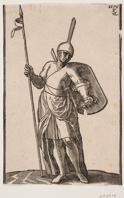 Ayakta duran asker, cepheden; yüksek, ince bir üst kısmı olan başlık; h. elinde bir mızrak, v. kolunda bir kalkan, içeriden görülüyor by Melchior Lorck
