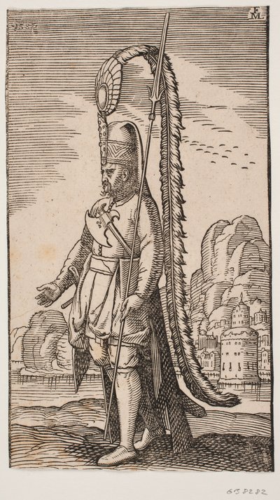 Kayalık bir kıyıda duran asker, suyun ötesinde bir kasaba; başlığı son derece uzun tüylü bir süsle süslenmiştir. by Melchior Lorck