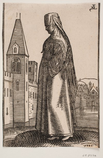 Peçeli, yürüyen kadın, profil sola doğru; önünde sudan kuleli bir şehir surları yükseliyor by Melchior Lorck