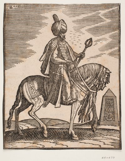 Sağ tarafında bir kılıç ve sol elinde bir savaş sopası olan sarıklı binici, profili sağa doğru; arka planda bir dikilitaş by Melchior Lorck