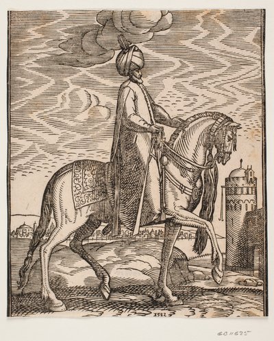 Atın sağ tarafında sopası asılı sarıklı binici; sağa doğru profil; resmin sağ tarafında, kapılı bir duvar ve yuvarlak bir kule by Melchior Lorck