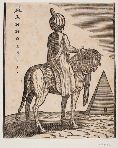 Arkadan eğik olarak görülen sarıklı, silahsız binici; t.h. arka planda bir piramit by Melchior Lorck