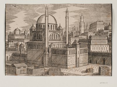 Kuzeydoğudan görülen 2 minareli kimliği belirsiz cami; yığılmış yapı taşları ile ön planda şantiyede by Melchior Lorck