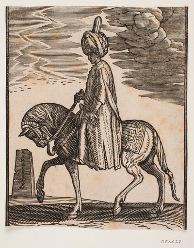 Silahsız sarıklı binici, profil sola doğru; atın önünde, harap bir dikilitaş by Melchior Lorck