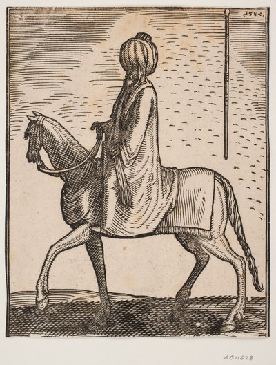 Silahsız sarıklı binici, profil sola doğru; resmin sağ üst alanında, bir çubuğun ayrı bir tasviri by Melchior Lorck