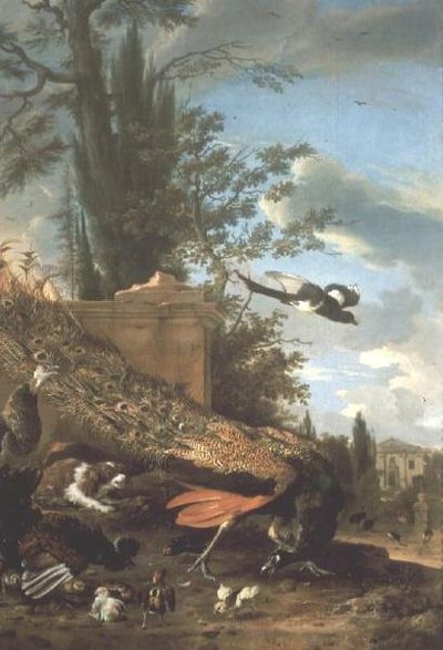 Bir Villanın Bahçesinde Bir Tavus Kuşu ve Bir Spaniel by Melchior de Hondecoeter
